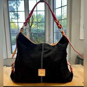 Dooney & Bourke Black Suede Large Hobo Tote Purse rope handle 16w/13h/3.5